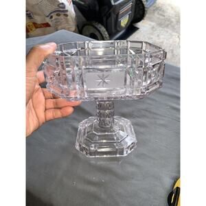 Crystal Four Sided Compote Pedestal Bowl Heavy 7.5”Tall